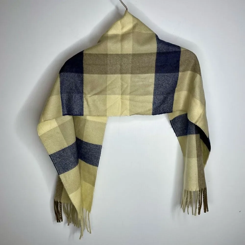 CHRISTIAN DIOR Monsieur Vintage Check‎ Tan Plaid Cashmaire Scarf Fringe  11”x48”